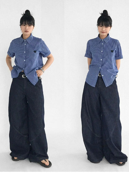 Classic Blue White Checked Slim Fit Short Sleeve Shirt