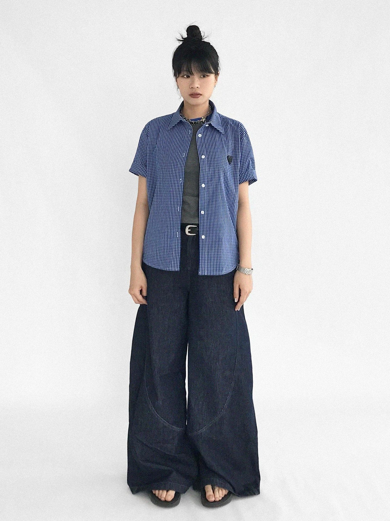 innomoood Classic Blue White Checked Slim Fit Short Sleeve Shirt