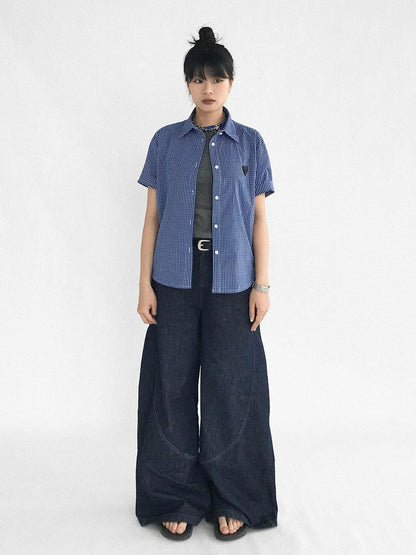 innomoood Classic Blue White Checked Slim Fit Short Sleeve Shirt