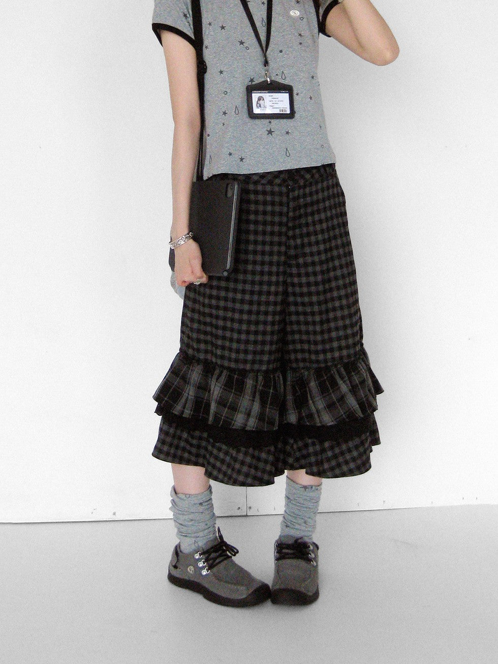 innomoood Cloud Check Layered Ruffle Lace A Line Wide Leg Women&