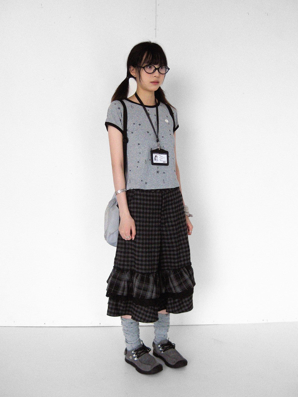 innomoood Cloud Check Layered Ruffle Lace A Line Wide Leg Women&
