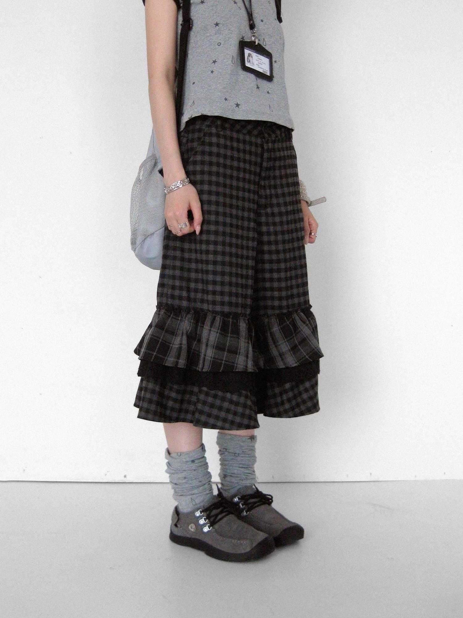 innomoood Cloud Check Layered Ruffle Lace A Line Wide Leg Women&
