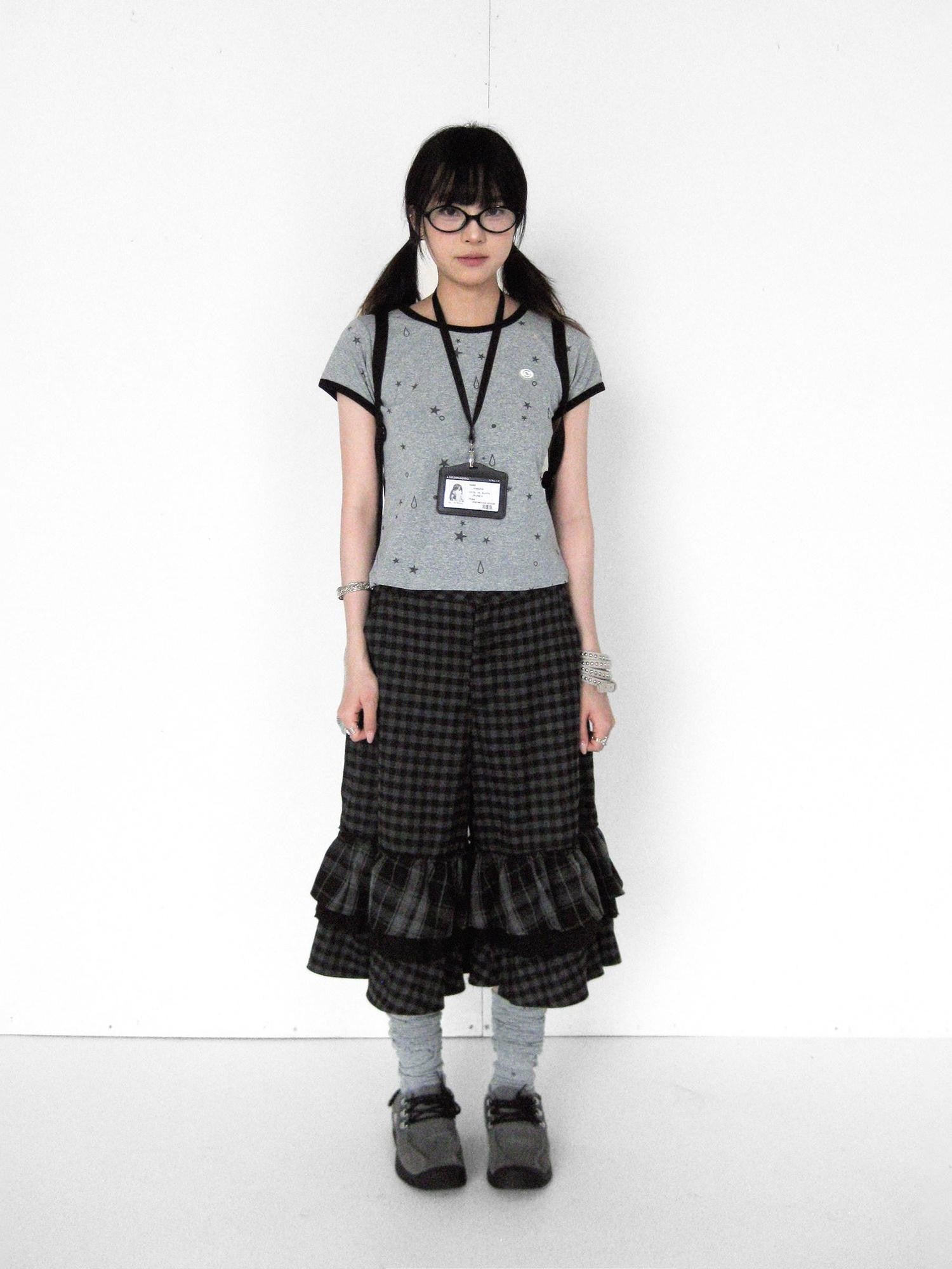 innomoood Cloud Check Layered Ruffle Lace A Line Wide Leg Women&