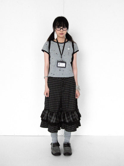 innomoood Cloud Check Layered Ruffle Lace A Line Wide Leg Women&
