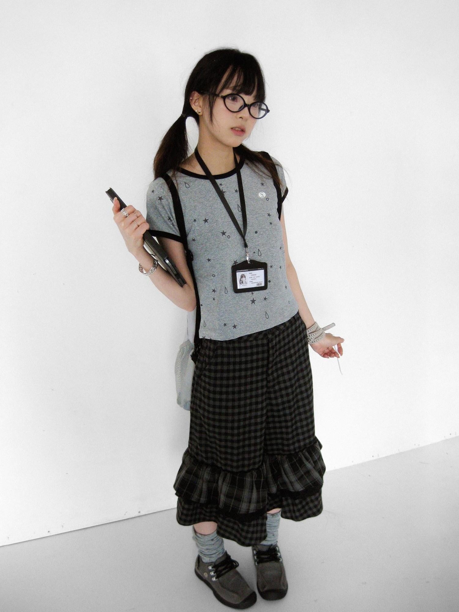 innomoood Cloud Check Layered Ruffle Lace A Line Wide Leg Women&