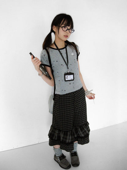 innomoood Cloud Check Layered Ruffle Lace A Line Wide Leg Women&