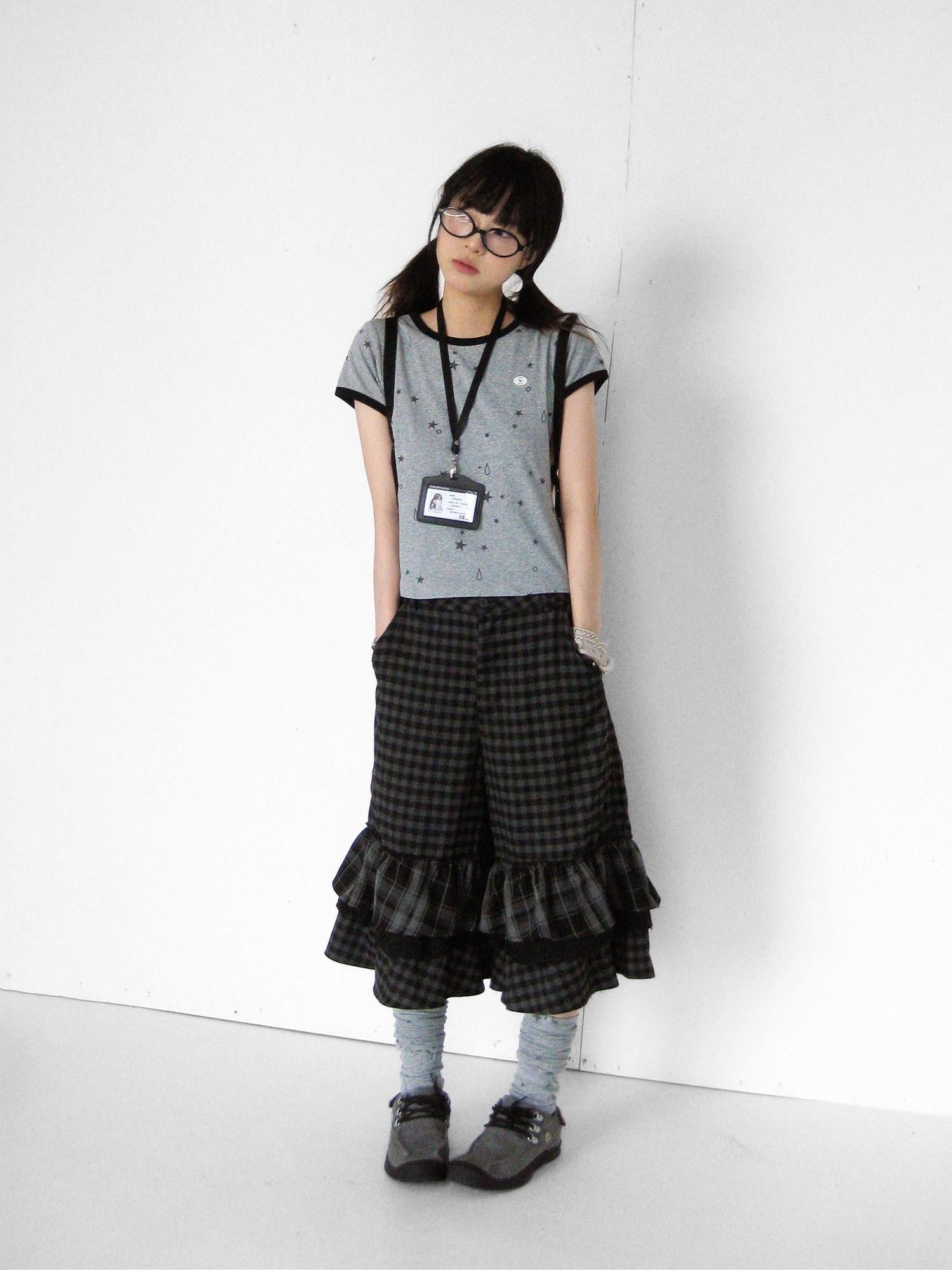 innomoood Cloud Check Layered Ruffle Lace A Line Wide Leg Women&
