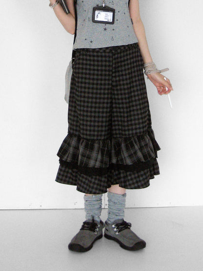 innomoood Cloud Check Layered Ruffle Lace A Line Wide Leg Women&