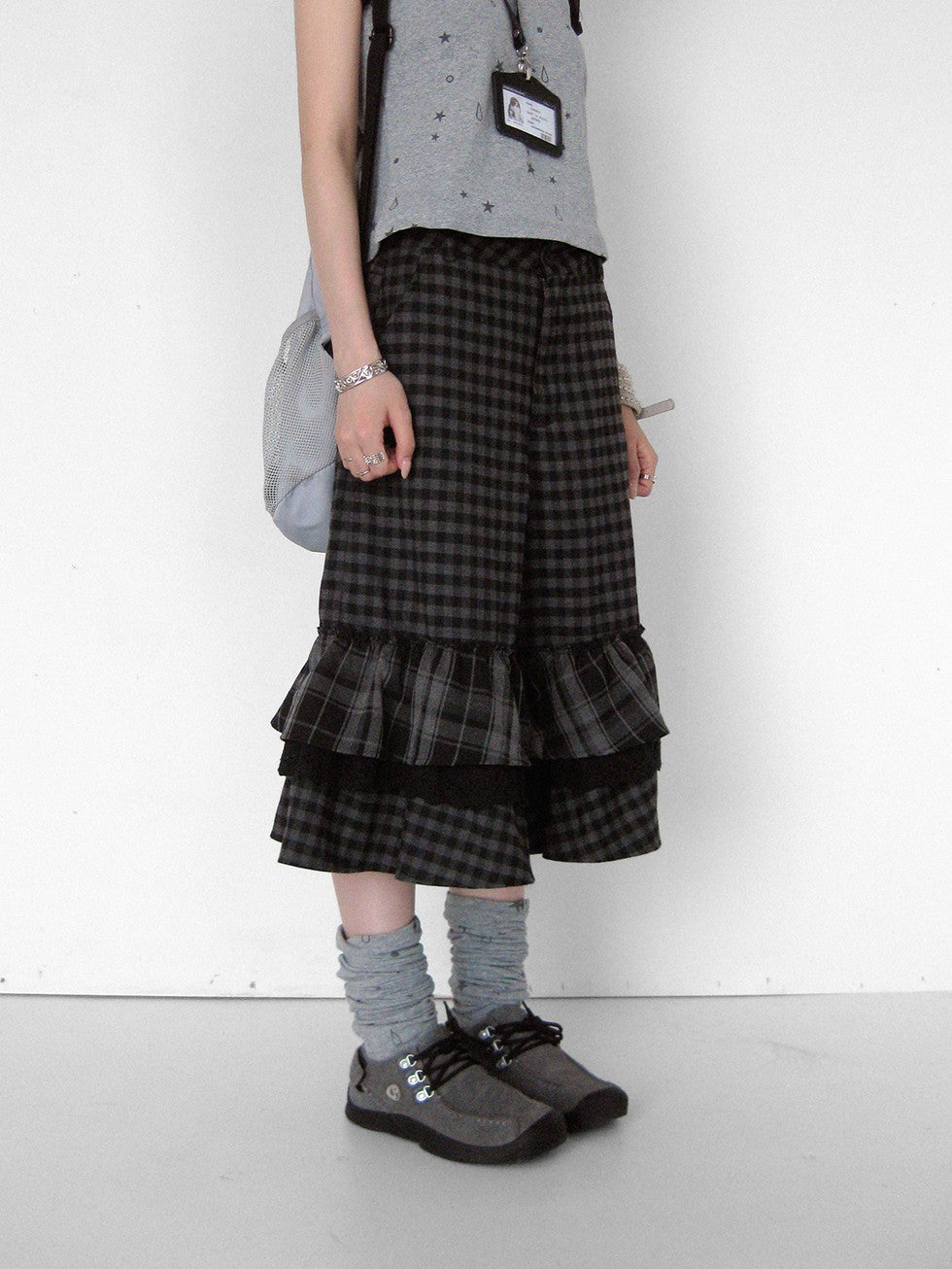 innomoood Cloud Check Layered Ruffle Lace A Line Wide Leg Women&