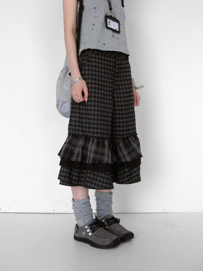 innomoood Cloud Check Layered Ruffle Lace A Line Wide Leg Women&