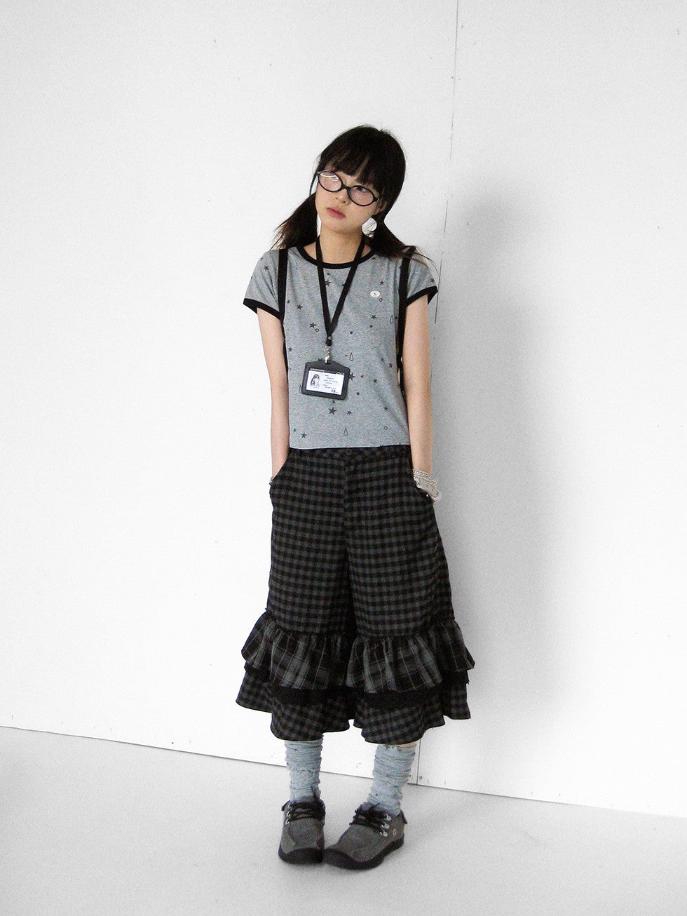 innomoood Cloud Check Layered Ruffle Lace A Line Wide Leg Women&