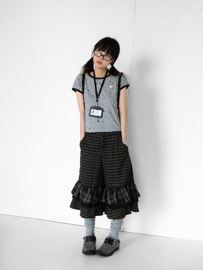 innomoood Cloud Check Layered Ruffle Lace A Line Wide Leg Women&