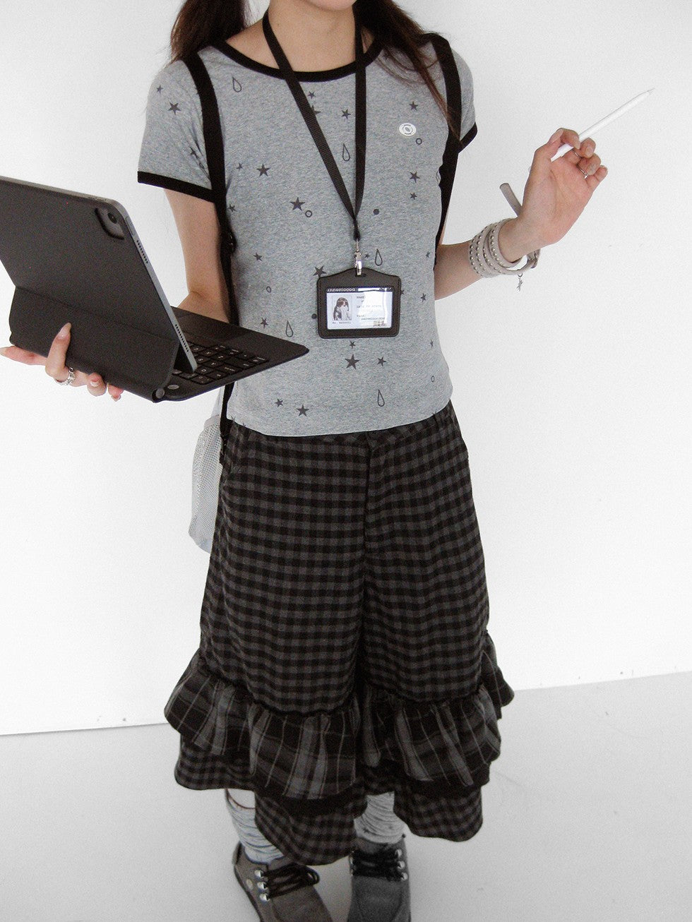 innomoood Cloud Check Layered Ruffle Lace A Line Wide Leg Women&