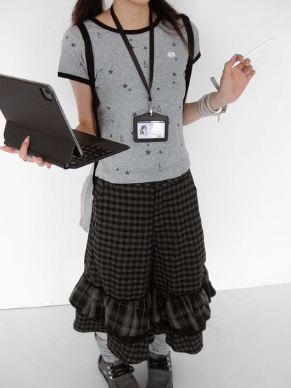 innomoood Cloud Check Layered Ruffle Lace A Line Wide Leg Women&