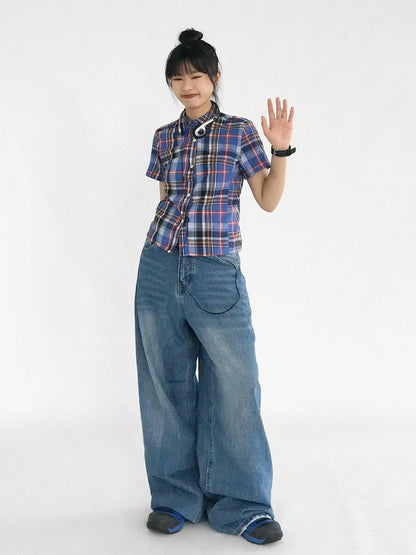 Color Block Plaid Collar Short Blouse