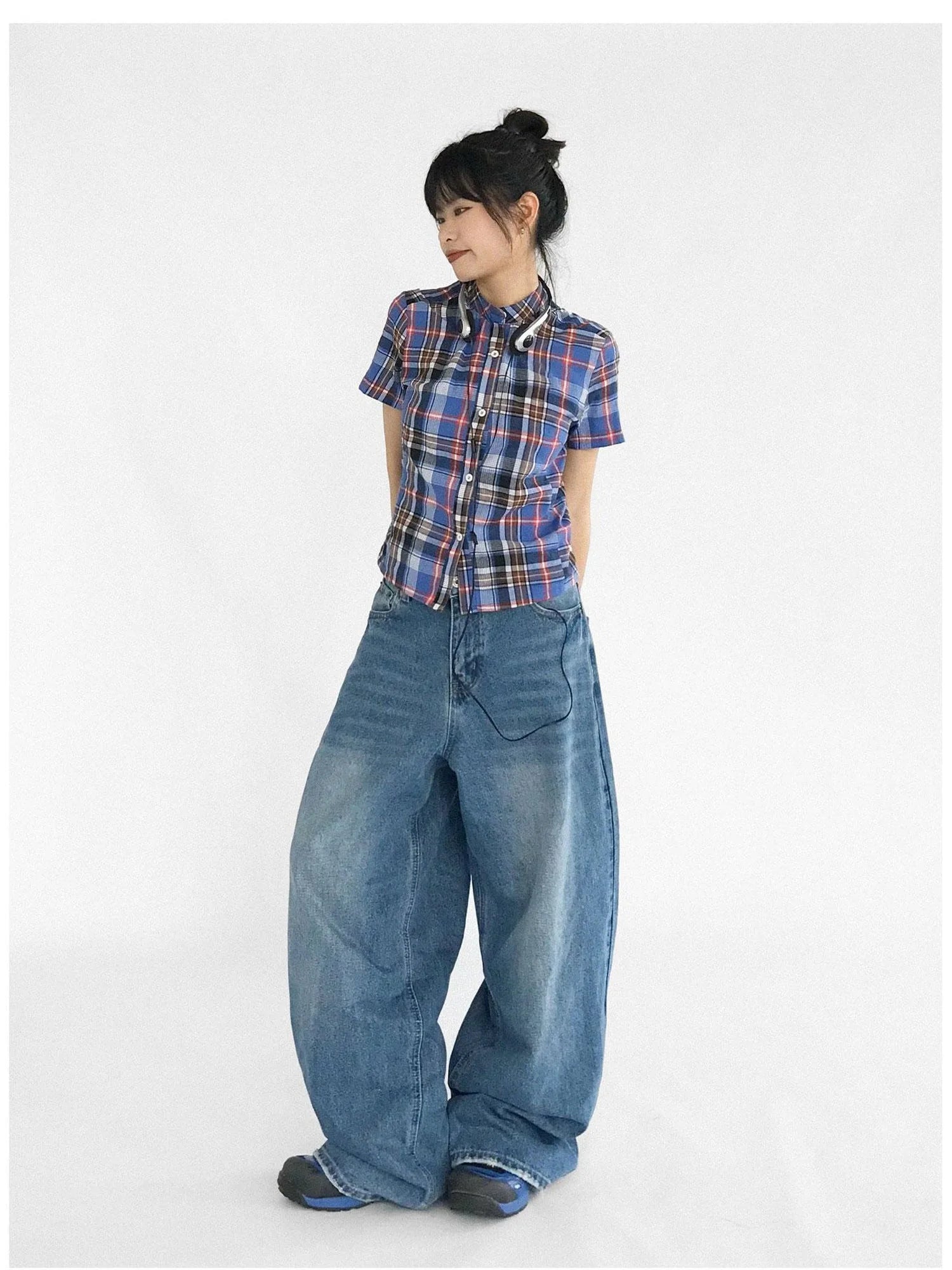 Color Block Plaid Collar Short Blouse