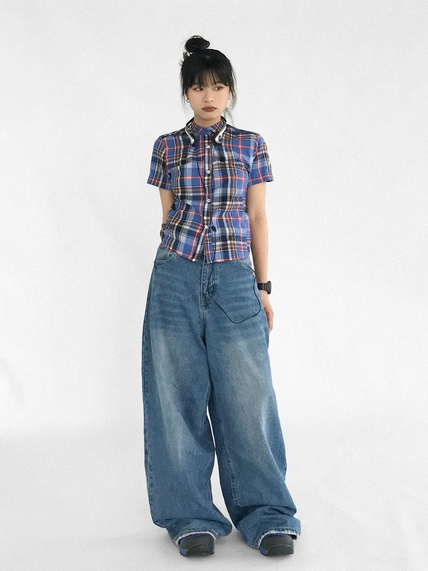 Color Block Plaid Collar Short Blouse