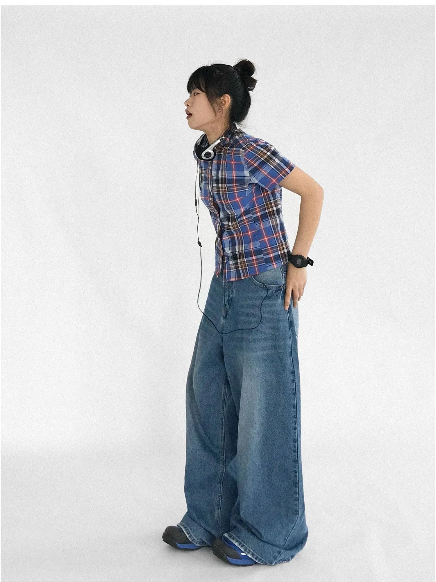 Color Block Plaid Collar Short Blouse