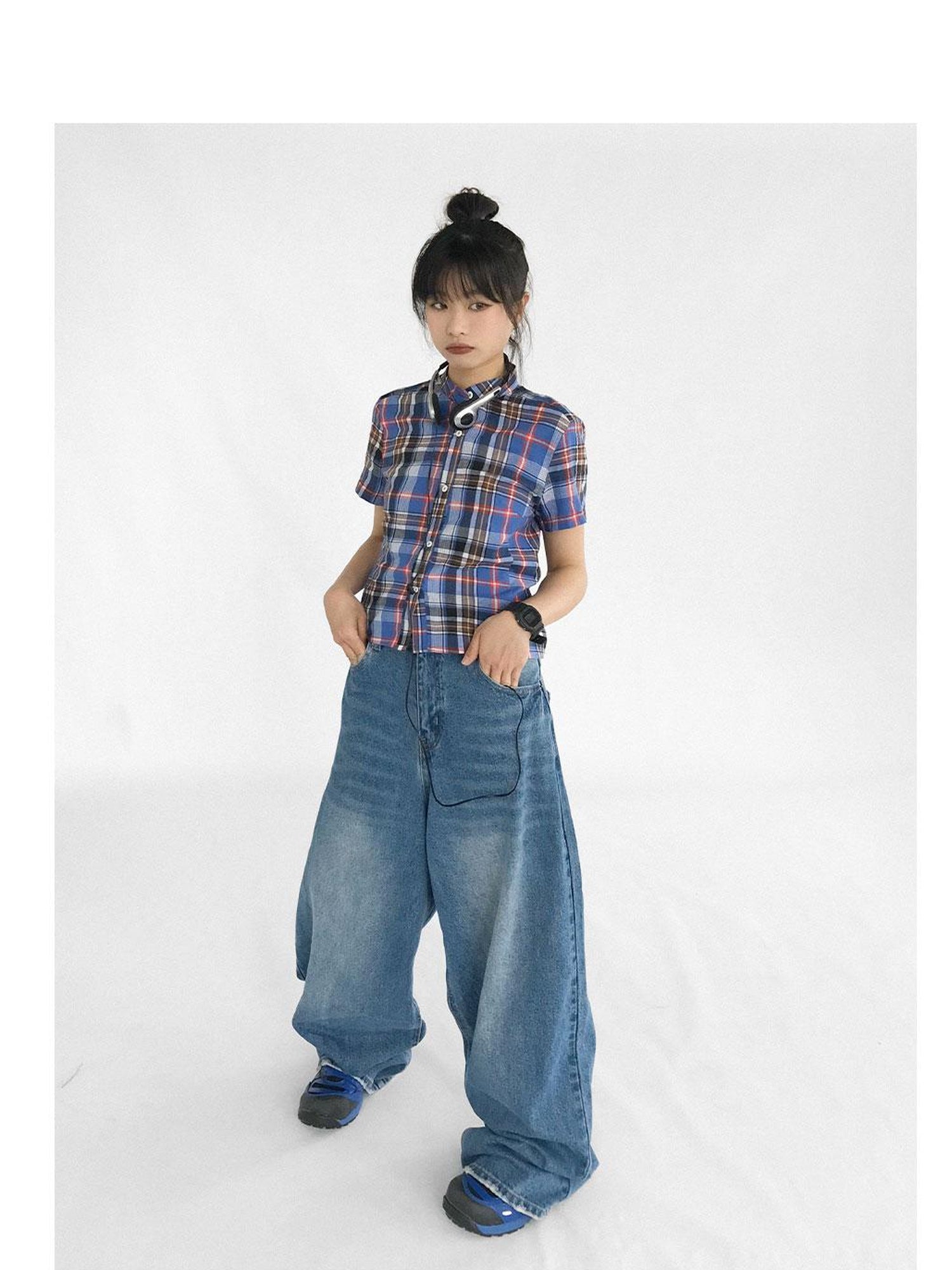 innomoood Color Block Plaid Collar Short Blouse
