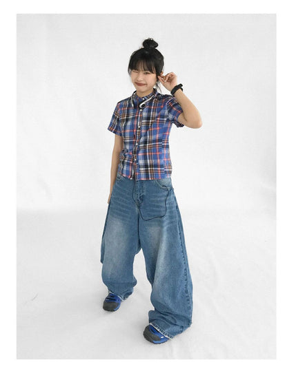 Color Block Plaid Collar Short Blouse