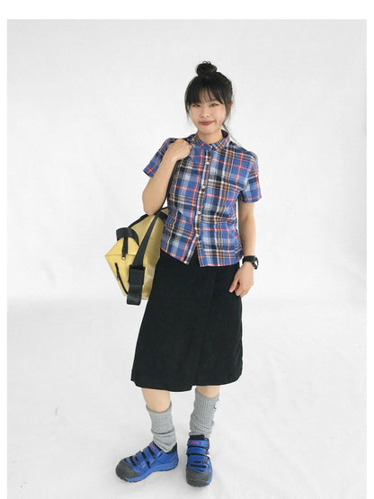 Color Block Plaid Collar Short Blouse