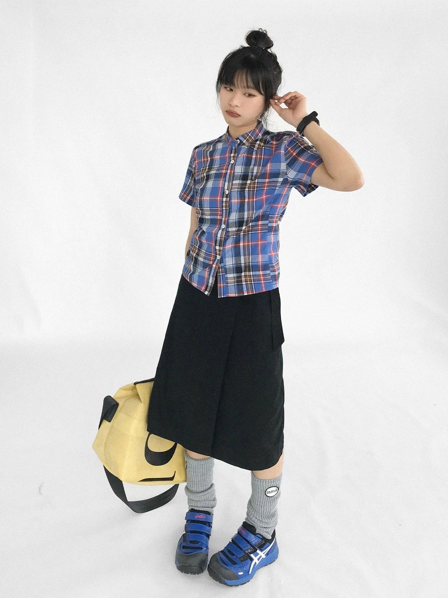 Color Block Plaid Collar Short Blouse