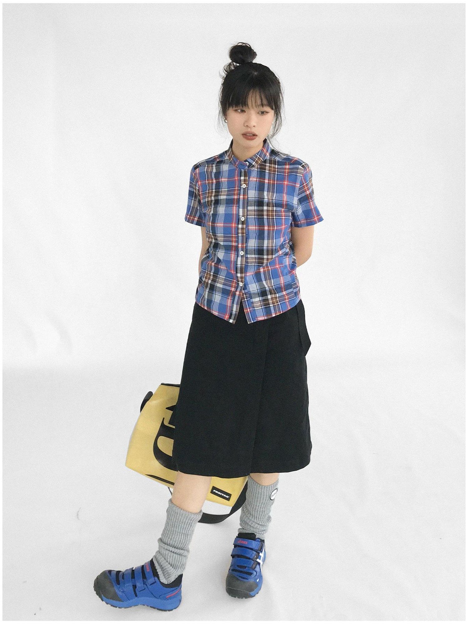 innomoood Color Block Plaid Collar Short Blouse