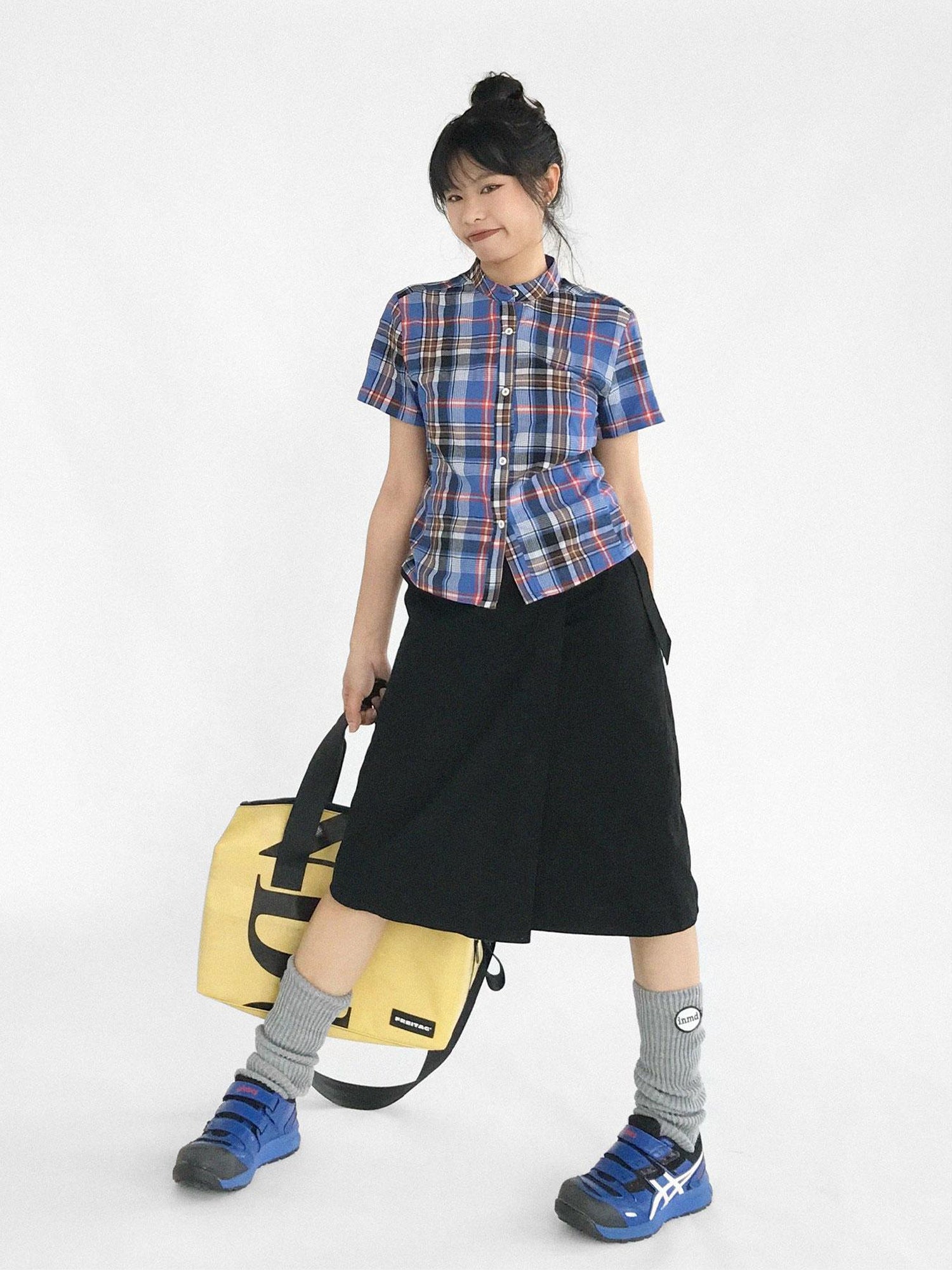 innomoood Color Block Plaid Collar Short Blouse