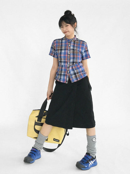 Color Block Plaid Collar Short Blouse