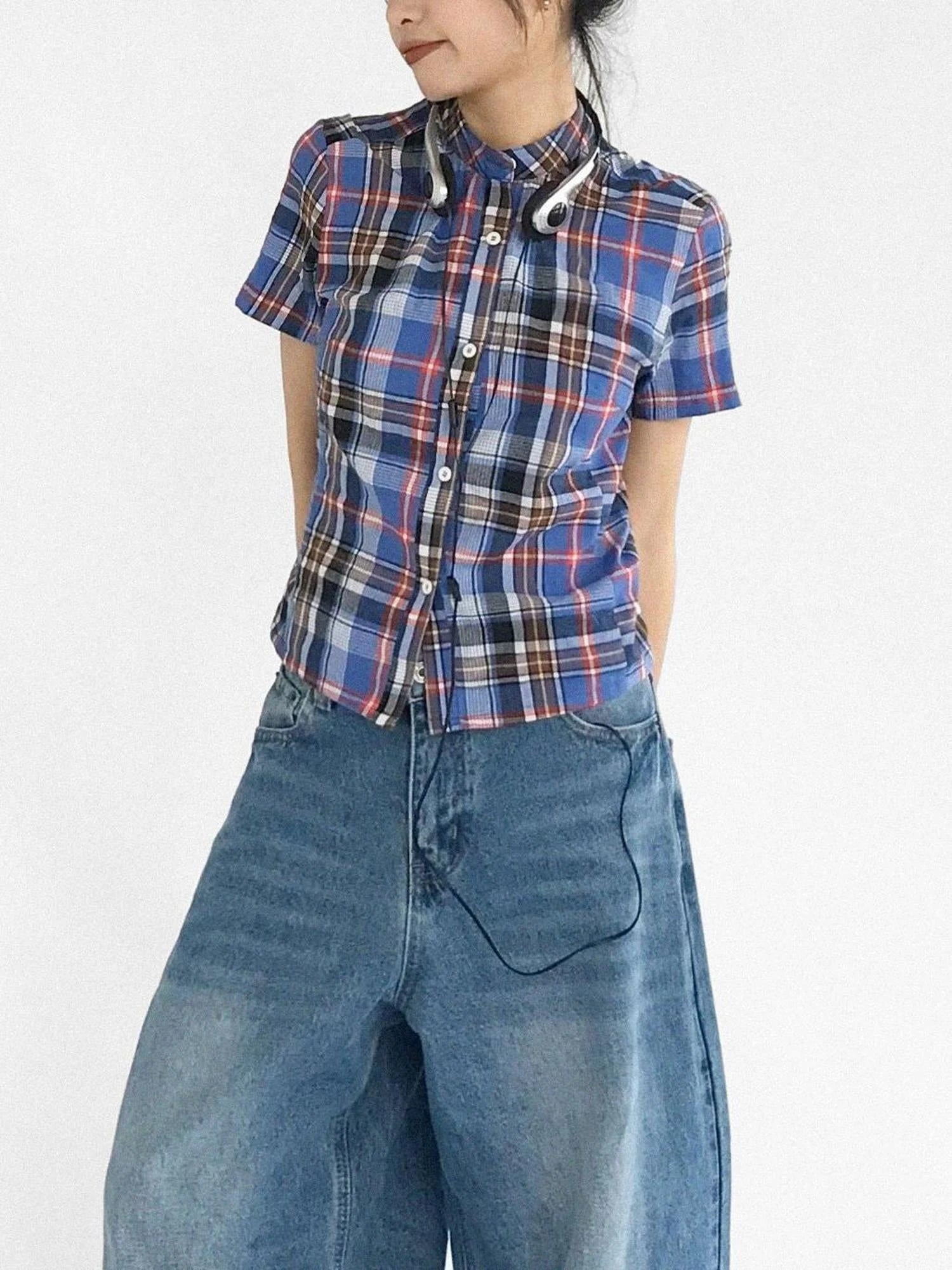 Color Block Plaid Collar Short Blouse