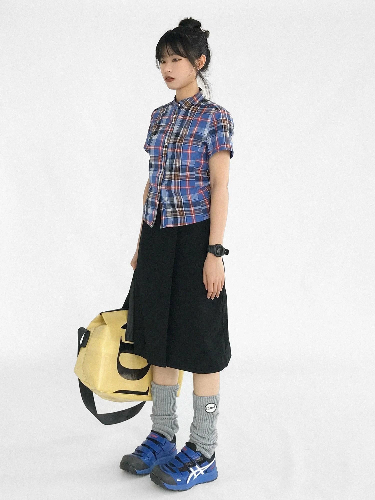 Color Block Plaid Collar Short Blouse