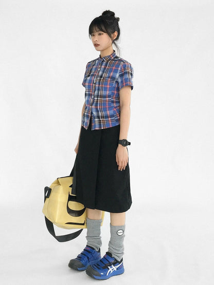 Color Block Plaid Collar Short Blouse