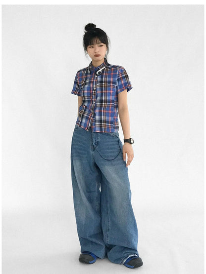 Color Block Plaid Collar Short Blouse