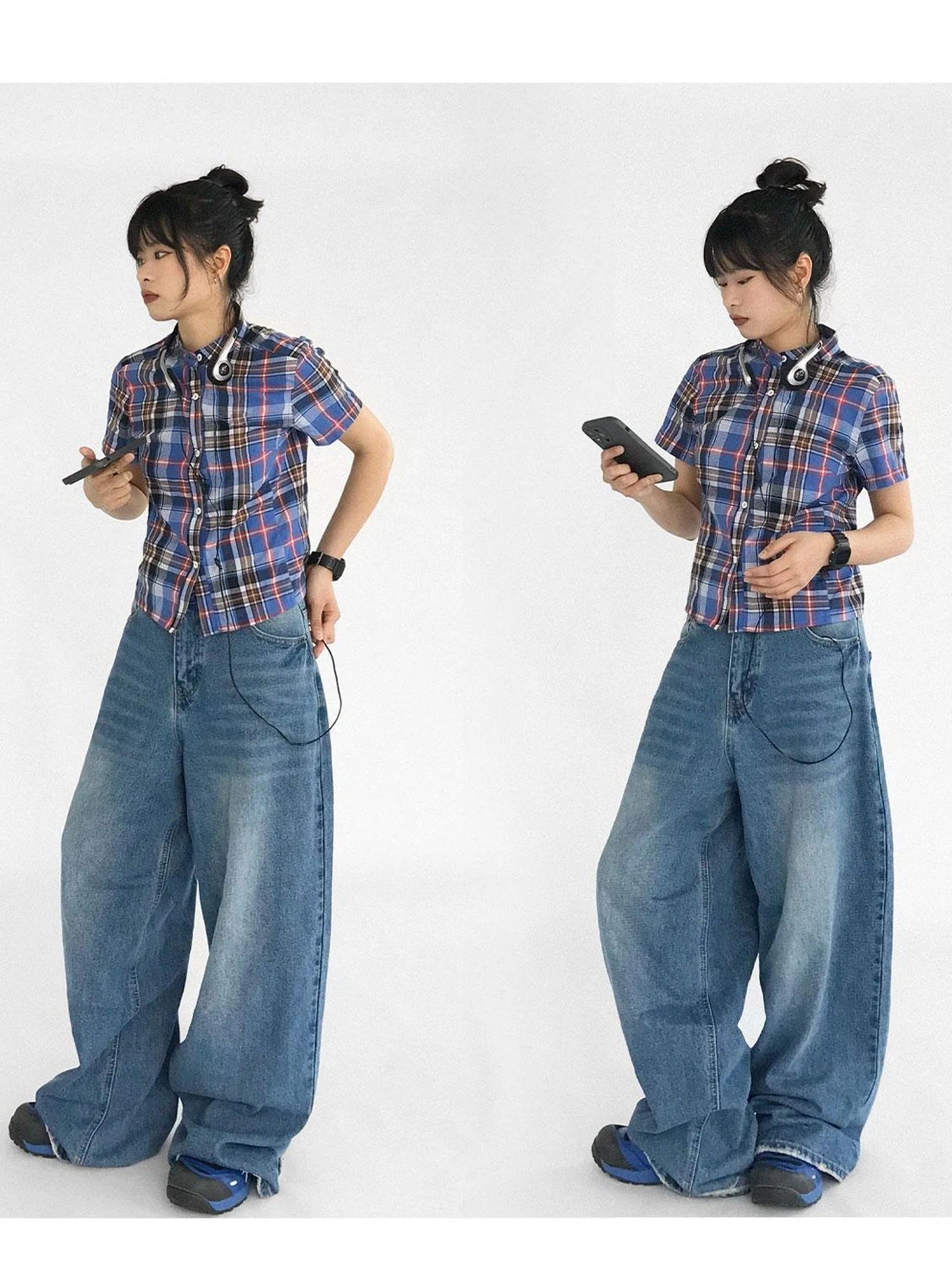 Color Block Plaid Collar Short Blouse