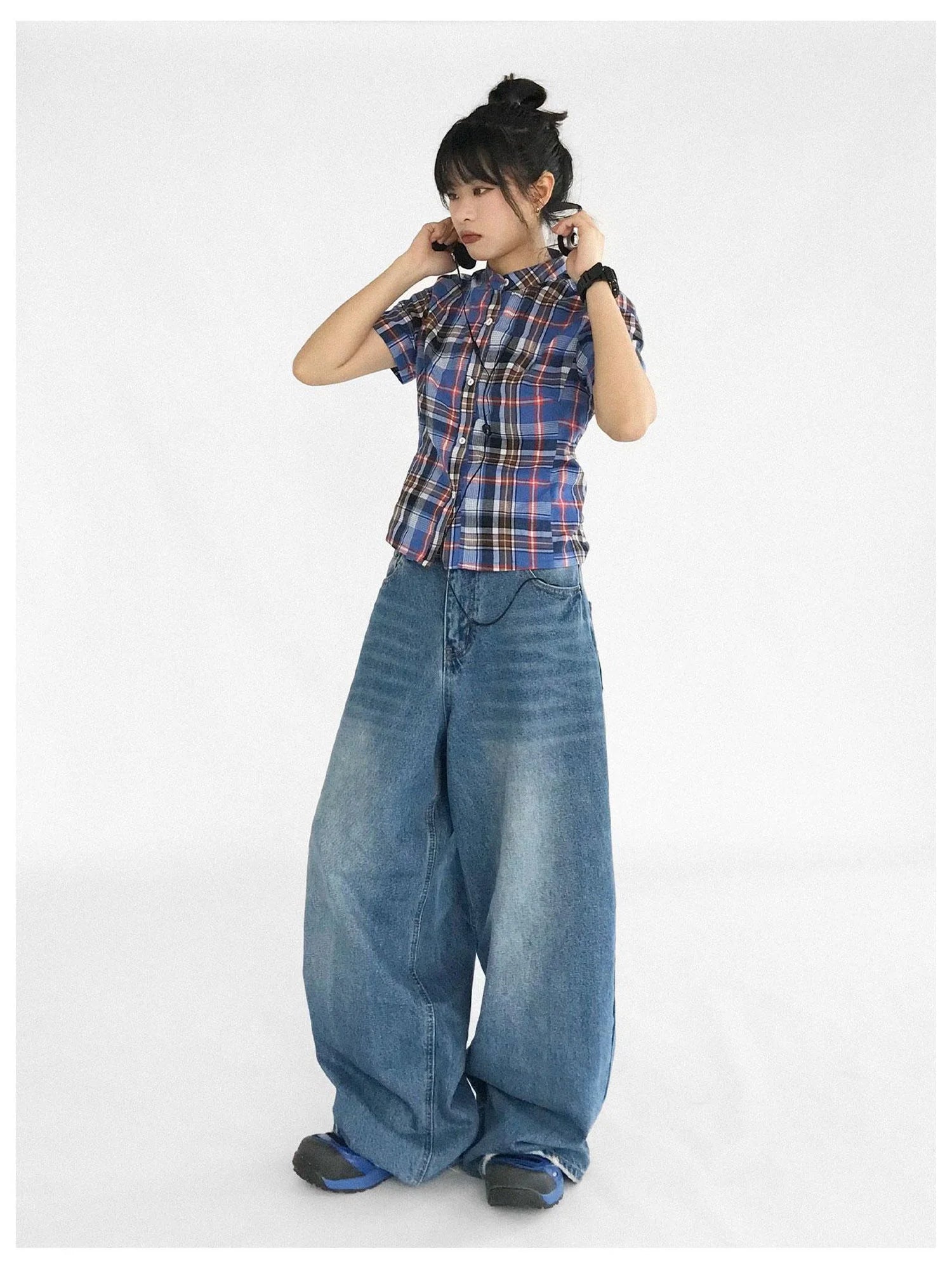 Color Block Plaid Collar Short Blouse