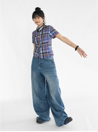 Color Block Plaid Collar Short Blouse