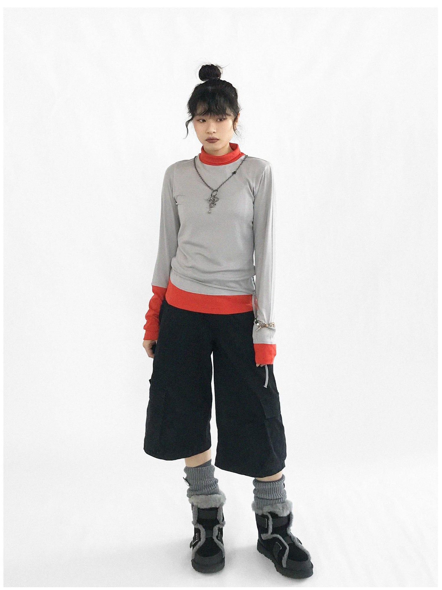 innomoood Contrast Trim Mock Neck Knit Base Layer