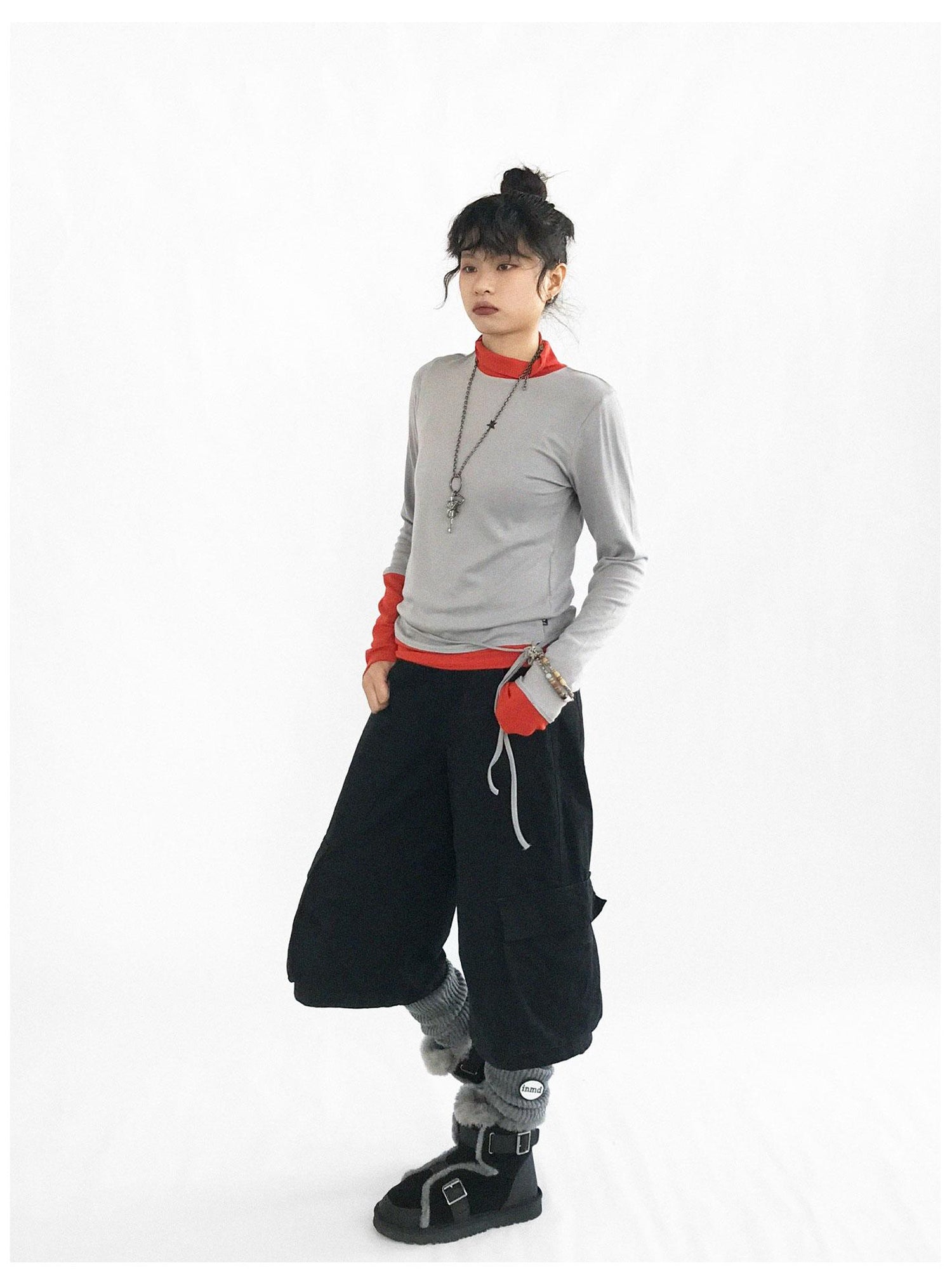 innomoood Contrast Trim Mock Neck Knit Base Layer