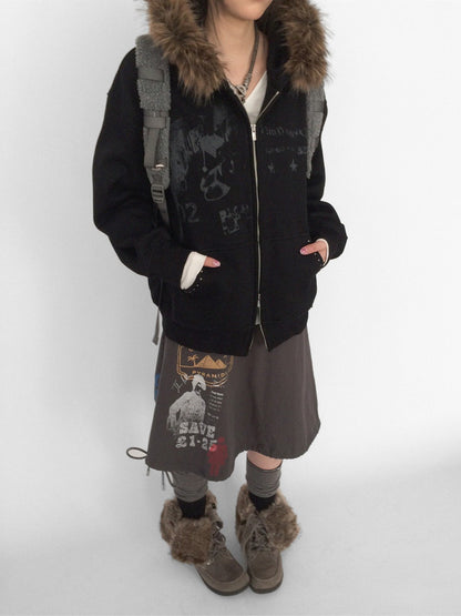 innomoood Corner Sticker Print Detachable Fur Collar Rivet Women&