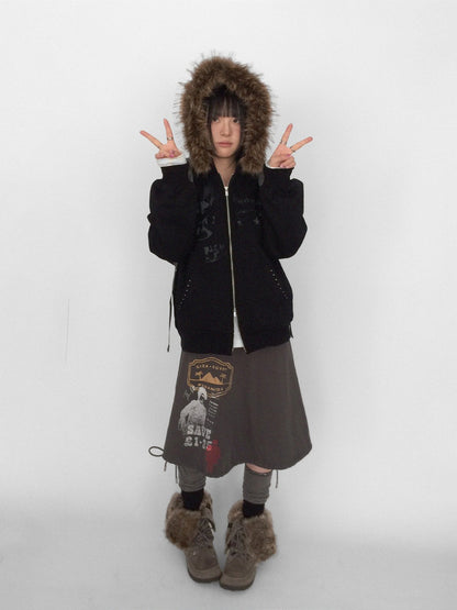 innomoood Corner Sticker Print Detachable Fur Collar Rivet Women&