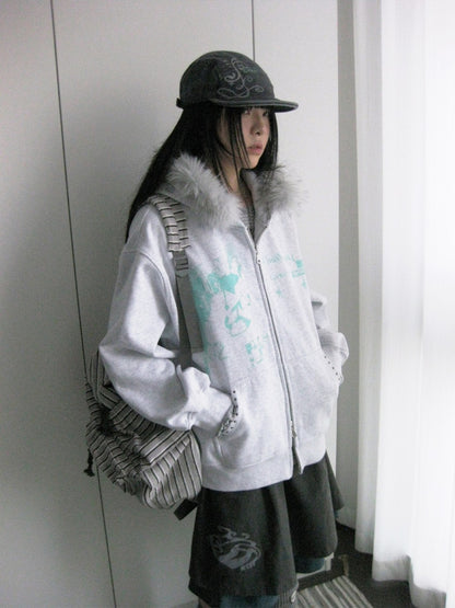 innomoood Corner Sticker Print Detachable Fur Collar Rivet Women&