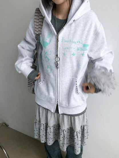 innomoood Corner Sticker Print Detachable Fur Collar Rivet Women&