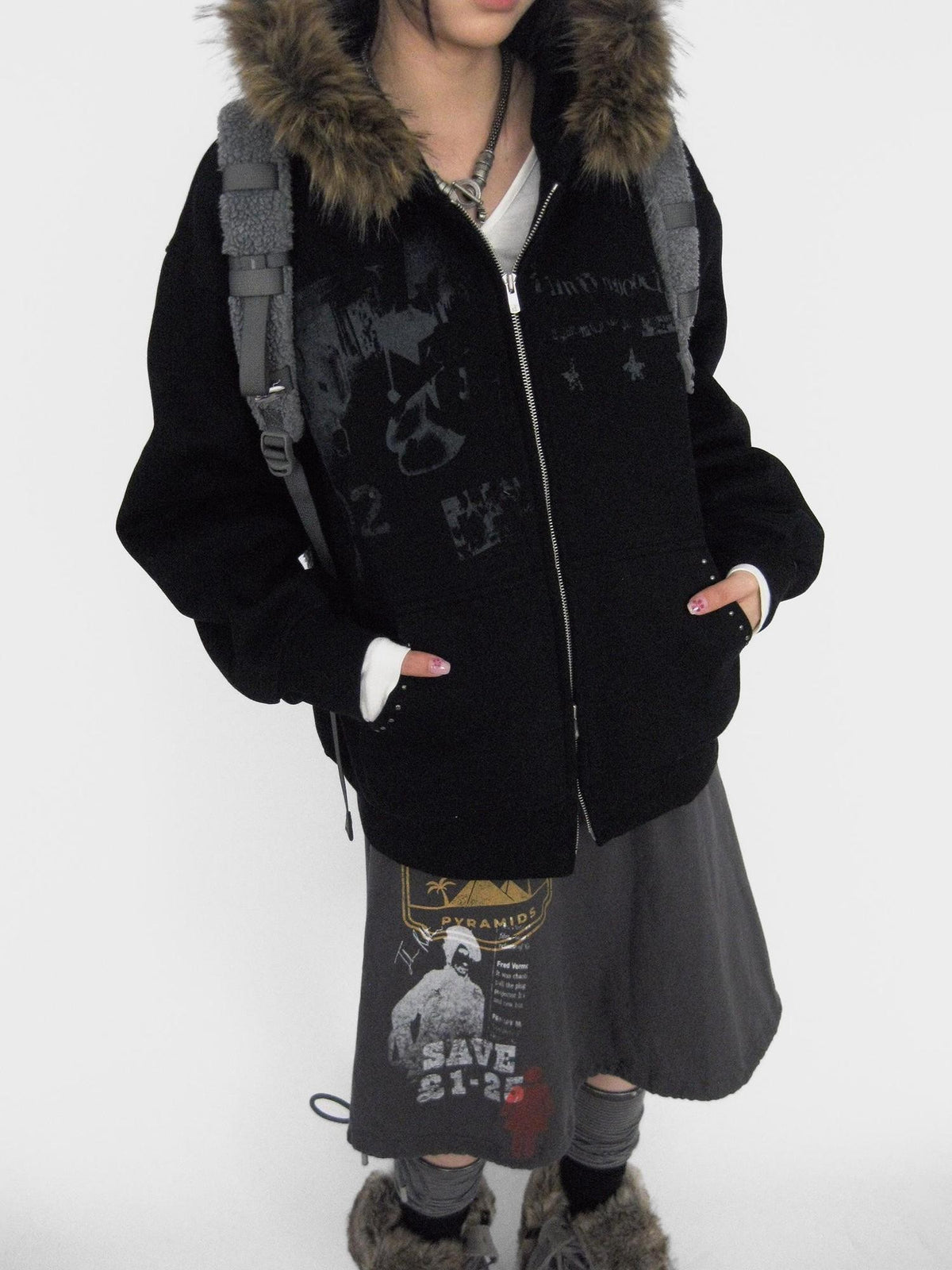 innomoood Corner Sticker Print Detachable Fur Collar Rivet Women&