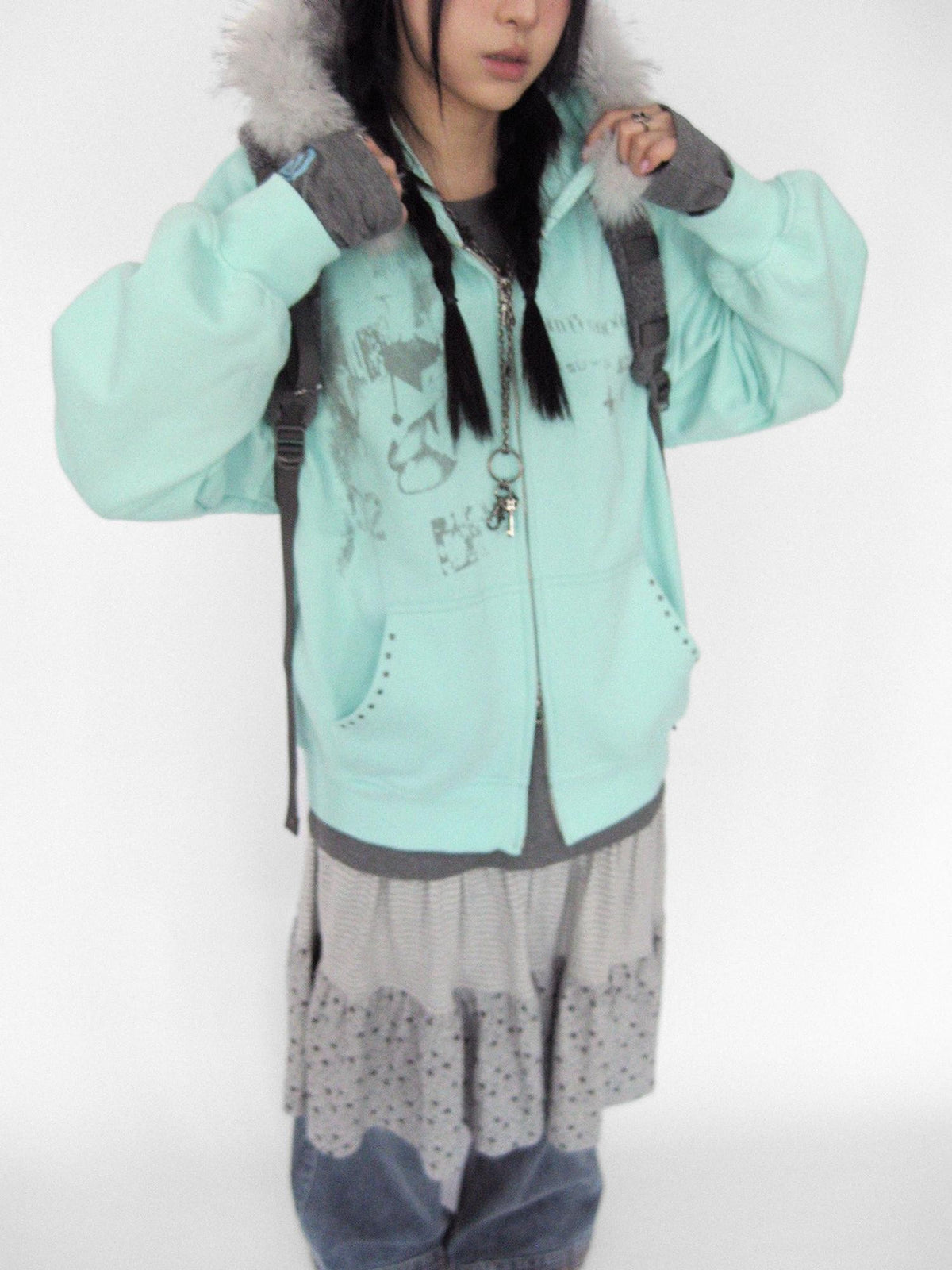 innomoood Corner Sticker Print Detachable Fur Collar Rivet Women&