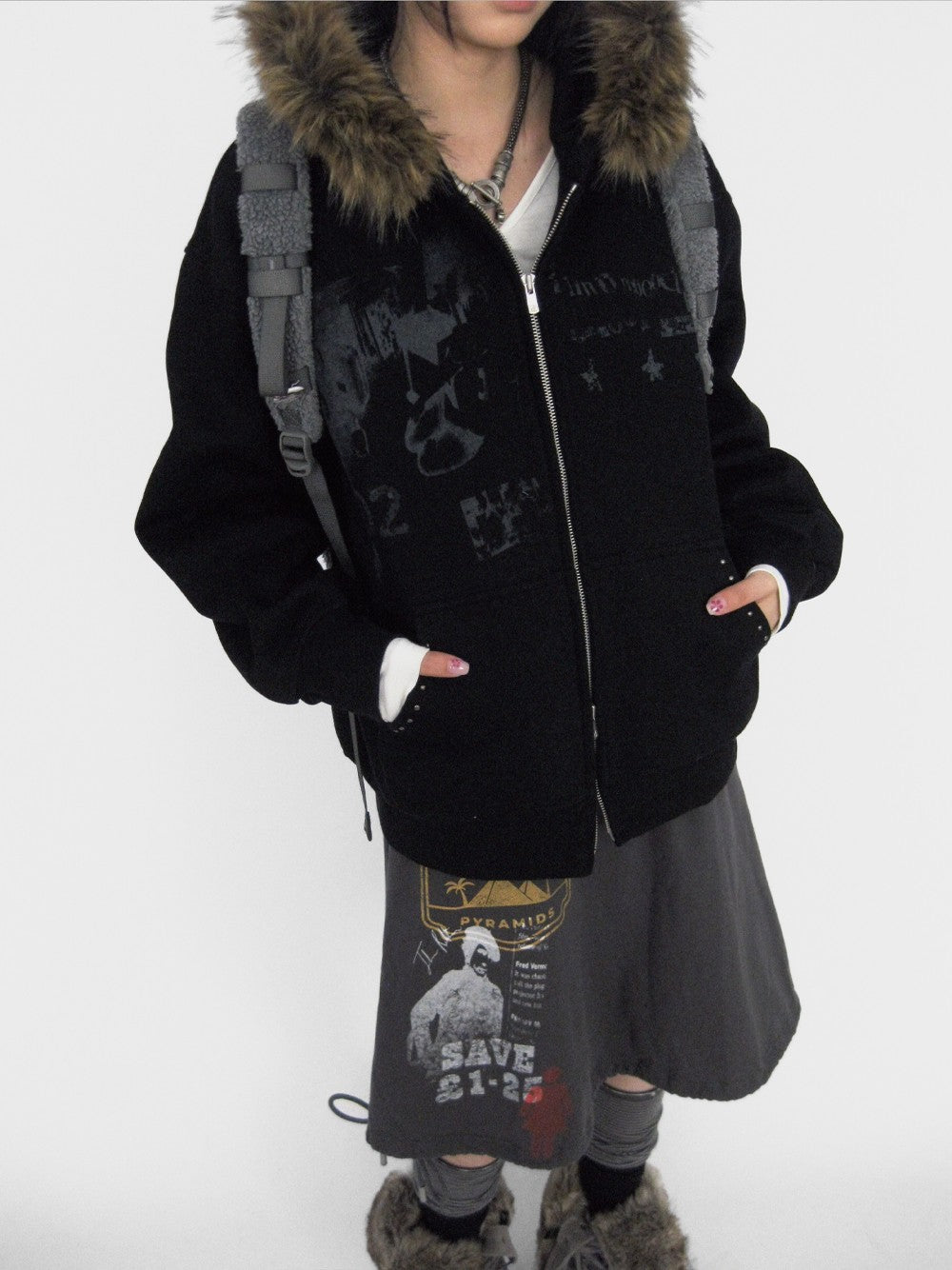 innomoood Corner Sticker Print Detachable Fur Collar Rivet Women&