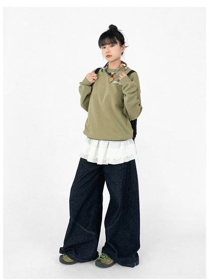 innomoood Cotton Elastic Sleeve Round Neck Embroidered Logo Sweatshirt