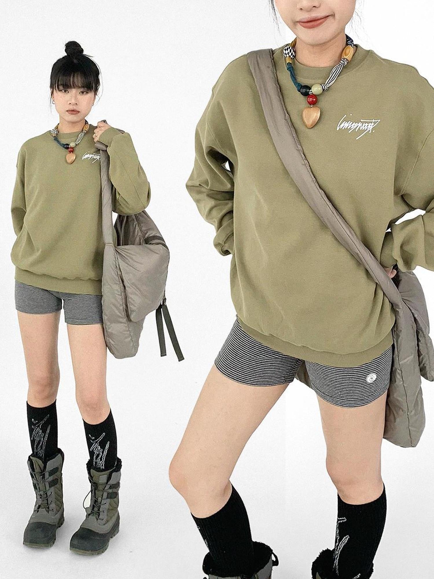 innomoood Cotton Elastic Sleeve Round Neck Embroidered Logo Sweatshirt