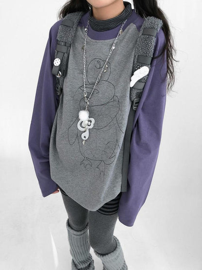 innomoood Cotton Printed Casual Loose Fit Unisex Cartoon Animal Long Sleeve T-Shirt