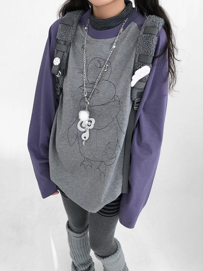 innomoood Cotton Printed Casual Loose Fit Unisex Cartoon Animal Long Sleeve T-Shirt