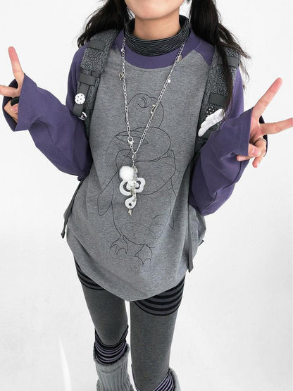 innomoood Cotton Printed Casual Loose Fit Unisex Cartoon Animal Long Sleeve T-Shirt